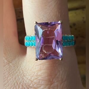 Rose De France Amethyst Sleeping Beauty Turquoise Sterling Silver Ring Size 10
